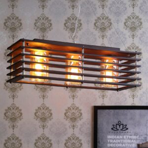 Brown Mild Steel, Glass & Wood 3 Light Cluster Hanging Lamp