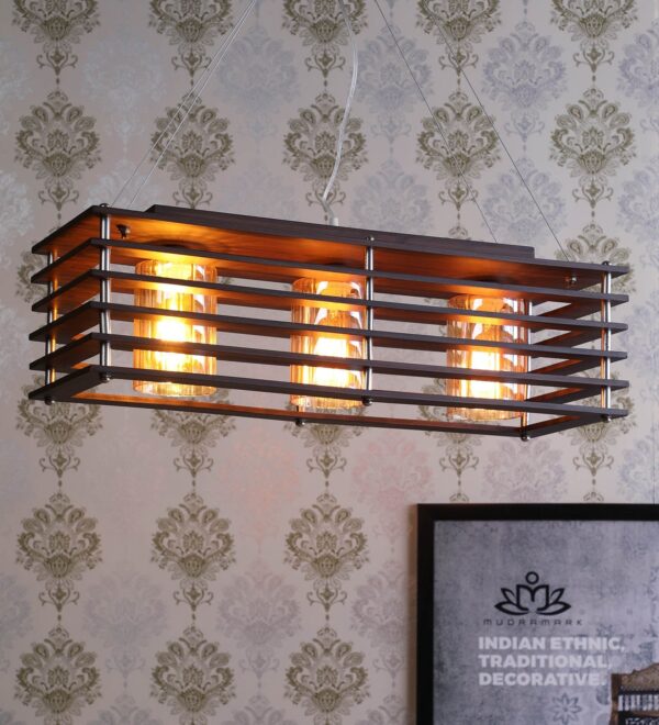 Brown Mild Steel, Glass & Wood 3 Light Cluster Hanging Lamp