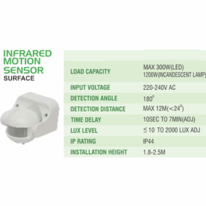 LEARC PIR motion sensor wallmount 180 degree with distance time and Lux adjustment GS1518